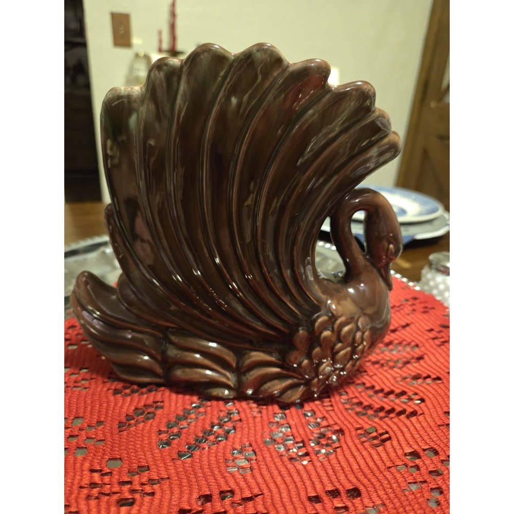 vintage Royal Haeger R713 swan planter with a brown drip glaze.